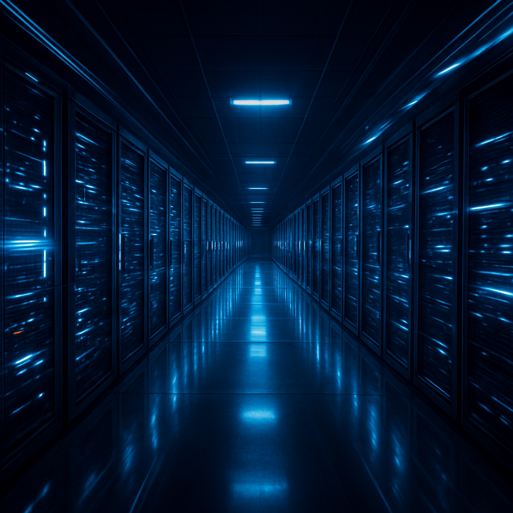 Rows of glowing data center servers representing the Exigent Insurance technology engine