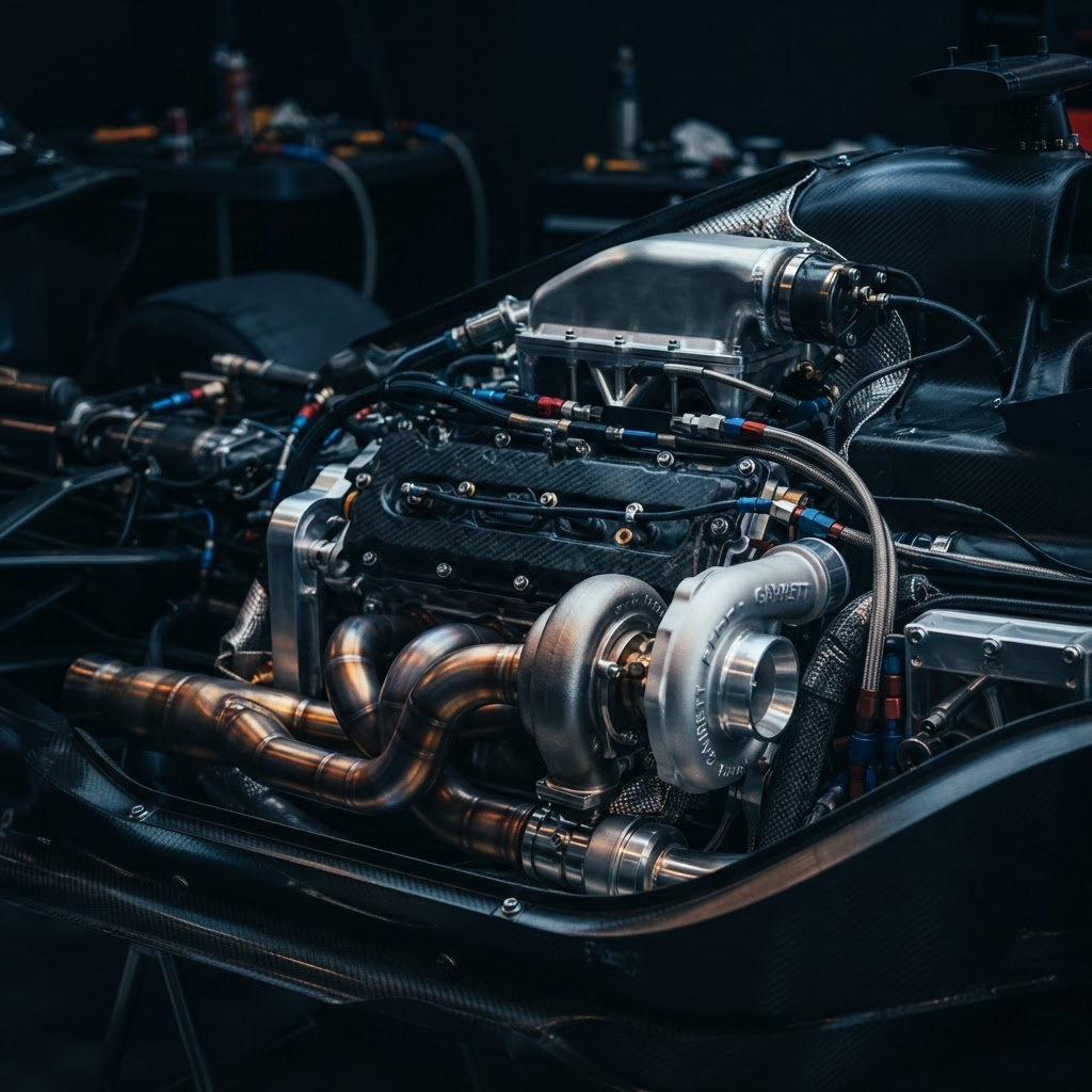 Close-up of a Formula 1 supercharged engine with polished silver and carbon-black components, representing the Exigent Insurance technology engine