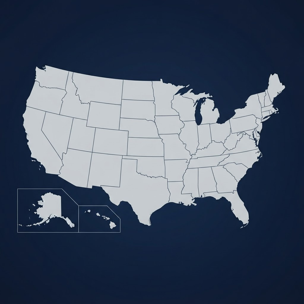 USA map showing verified physical office locations with green checkmarks across the nation